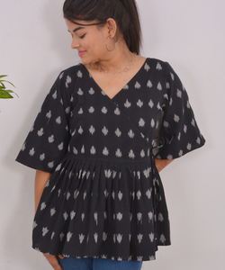 Black White Handwoven Cotton Ikkat Wrap Peplum Top